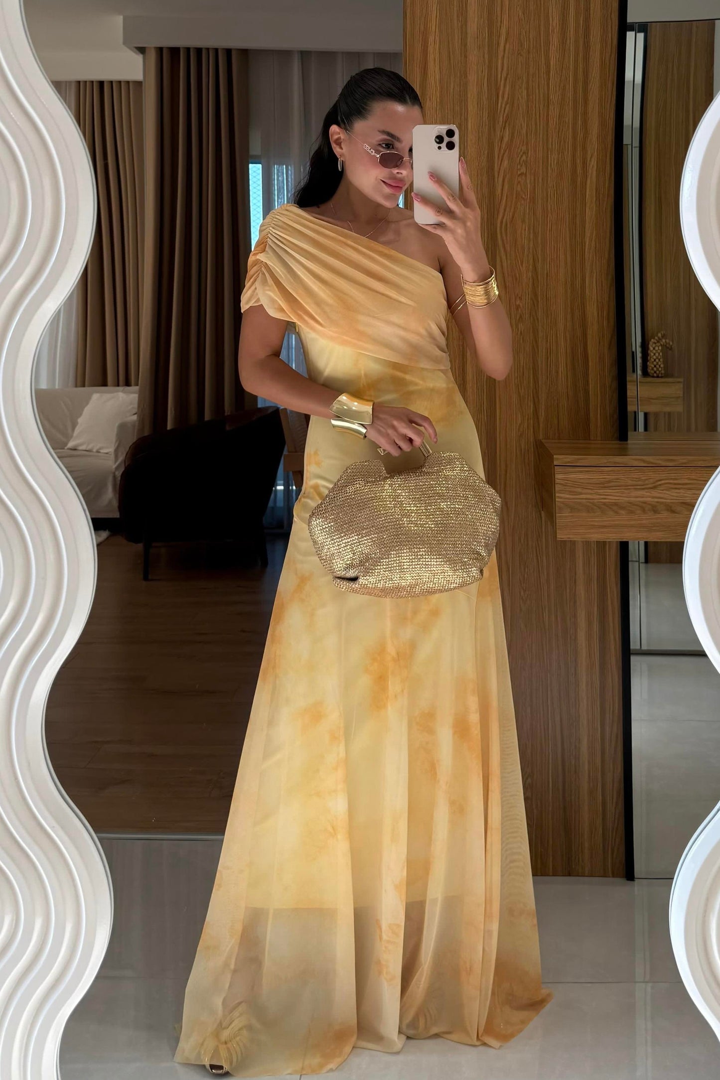 Sophya Sarı Desenli Uzun Elbise