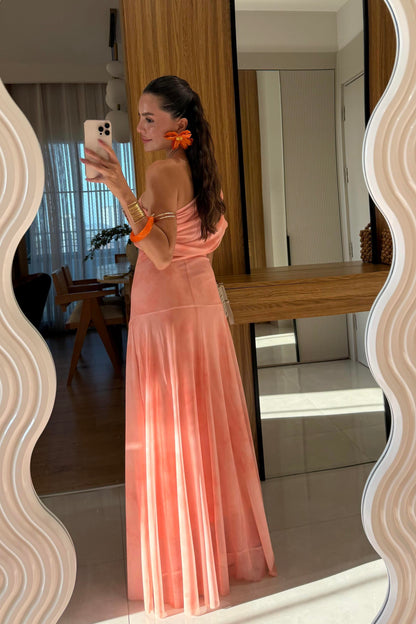 Sophya Turuncu Desenli Uzun Elbise