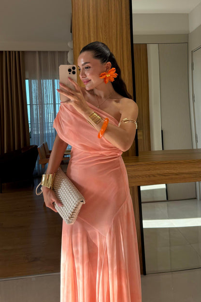 Sophya Turuncu Desenli Uzun Elbise