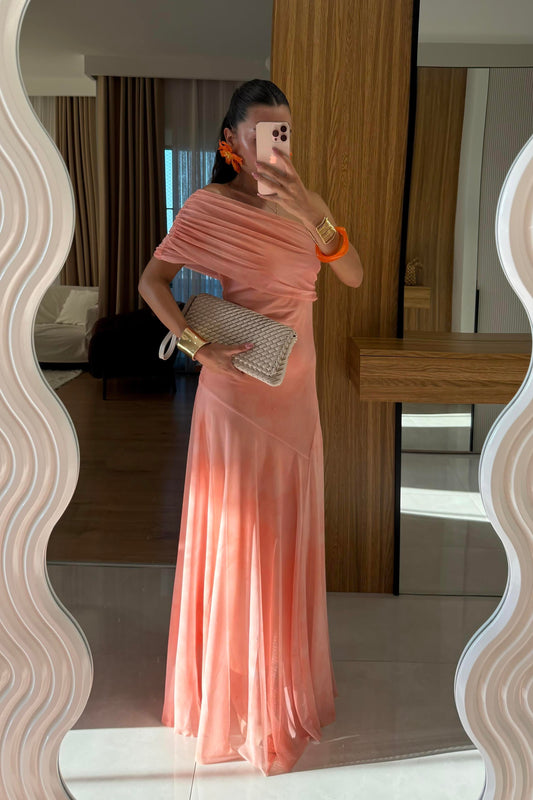 Sophya Turuncu Desenli Uzun Elbise