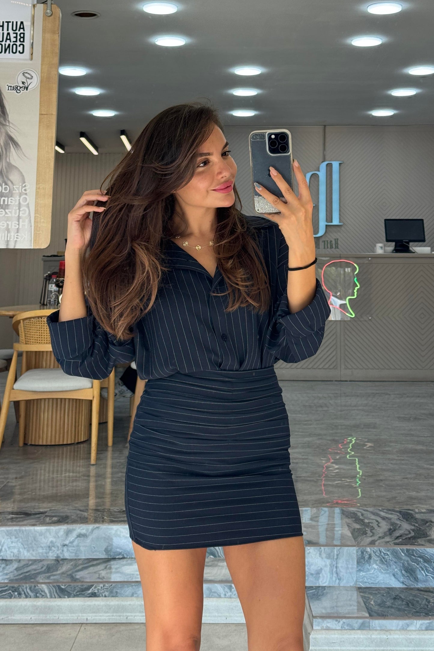 Sorrento Lacivert Çizgili Gömlek Etek Takım