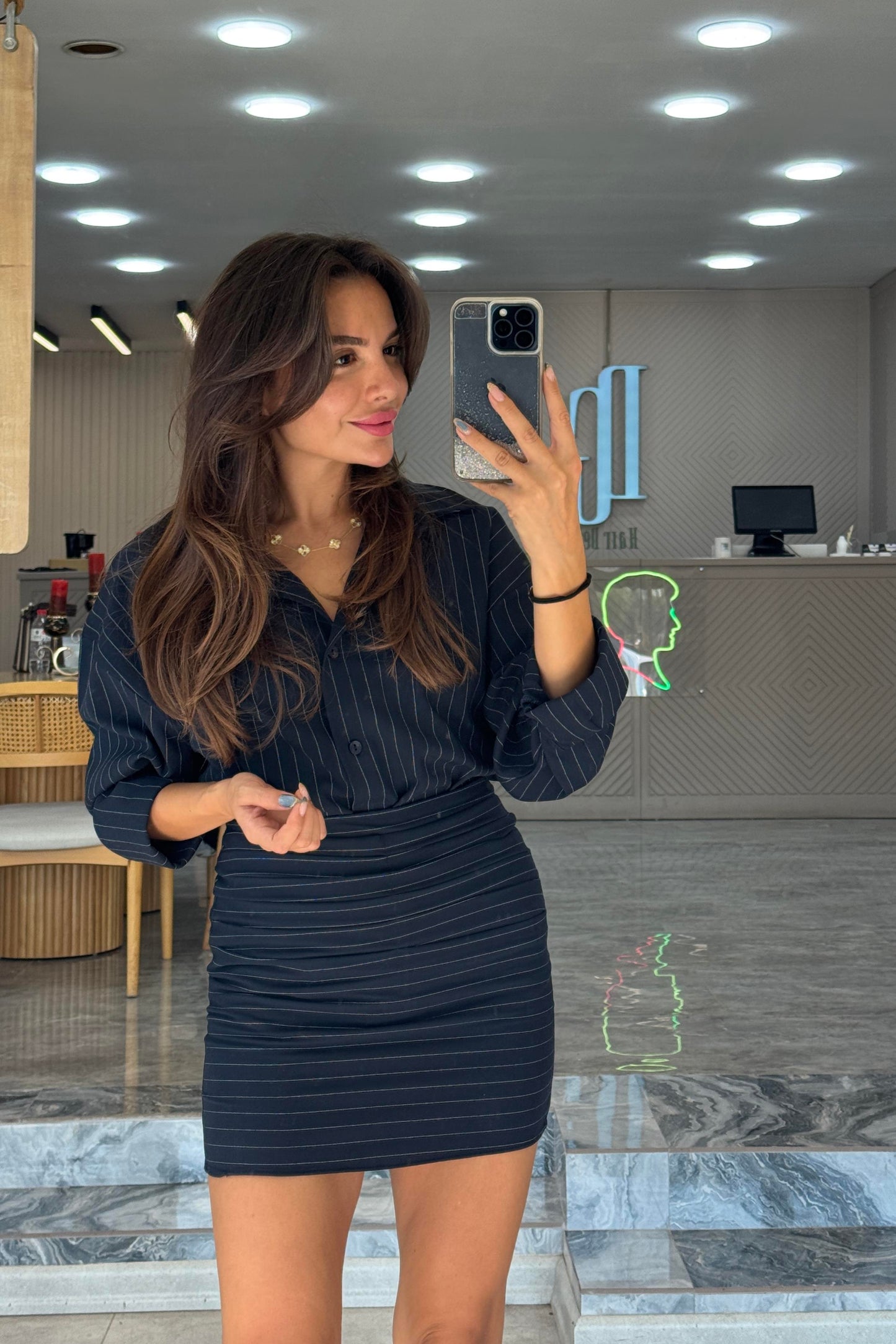 Sorrento Lacivert Çizgili Gömlek Etek Takım