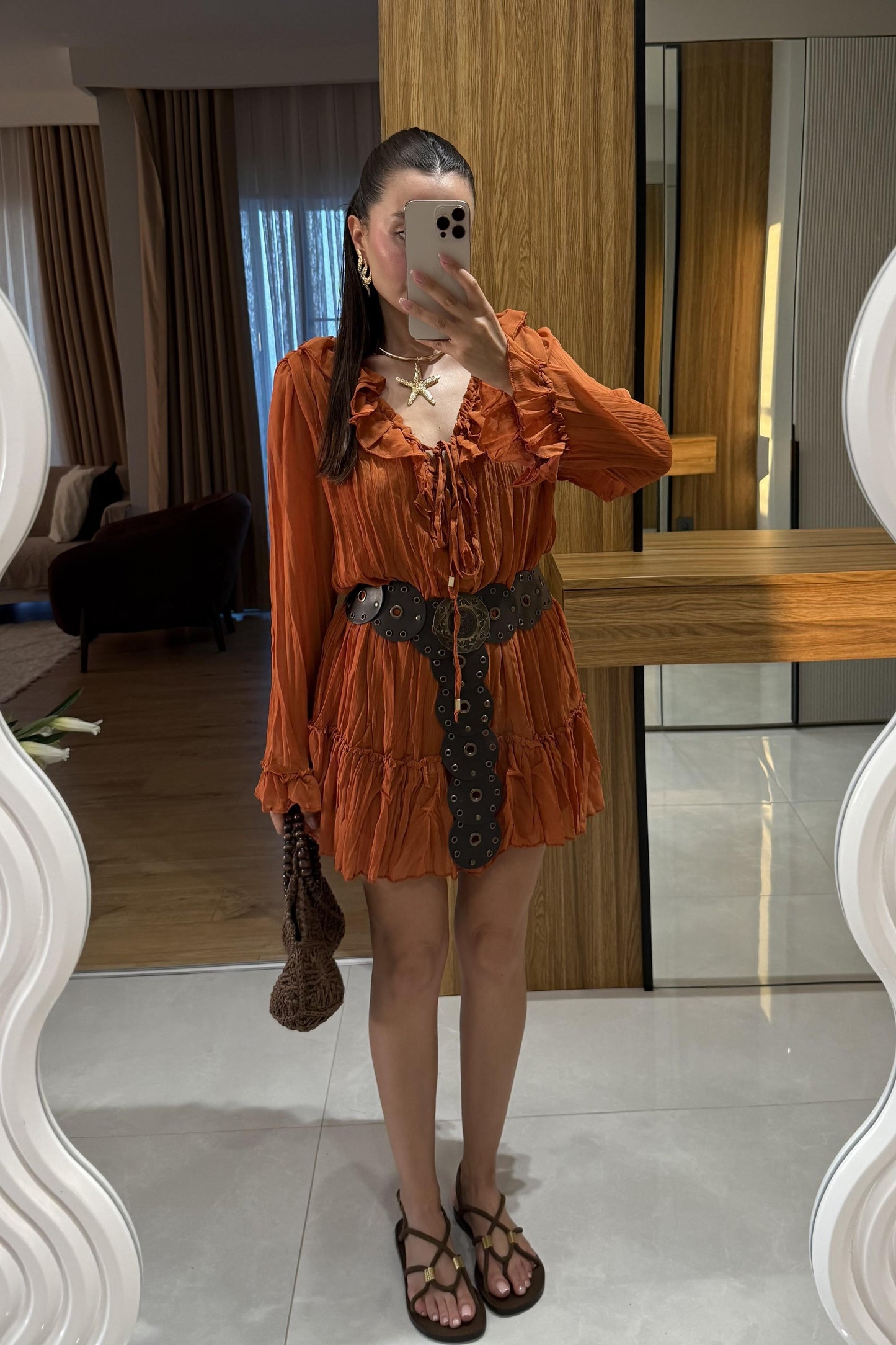 Sovia Kiremit Şifon Astarlı Elbise