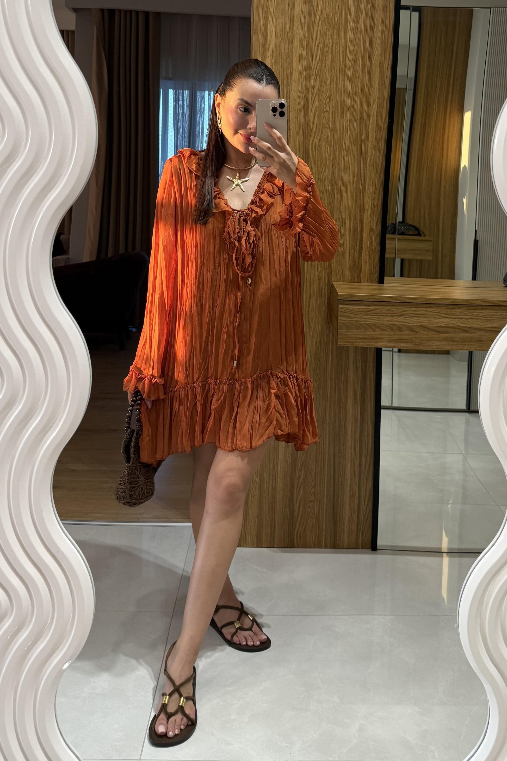 Sovia Kiremit Şifon Astarlı Elbise