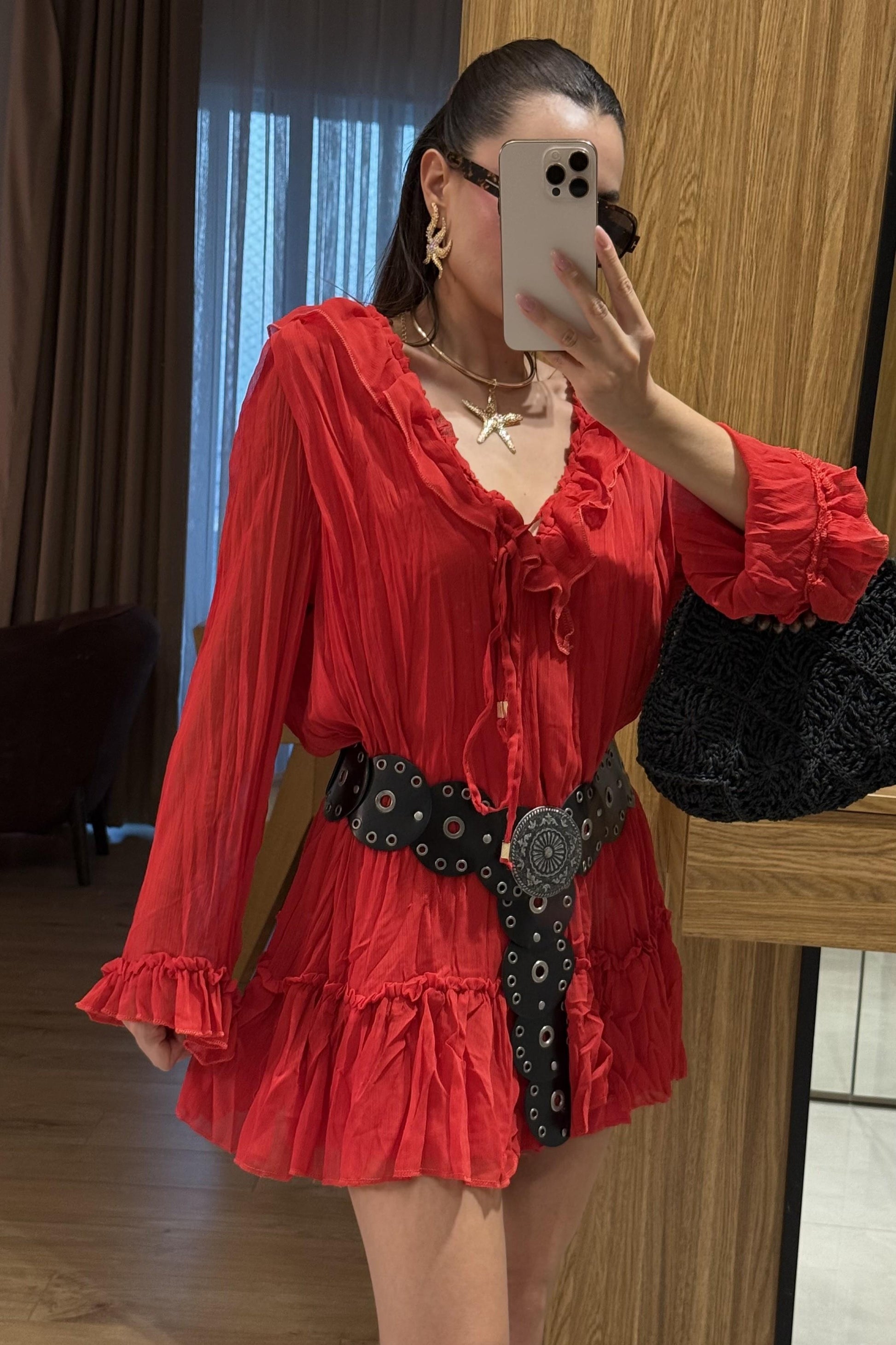 Sovia Kırmızı Şifon Astarlı Elbise