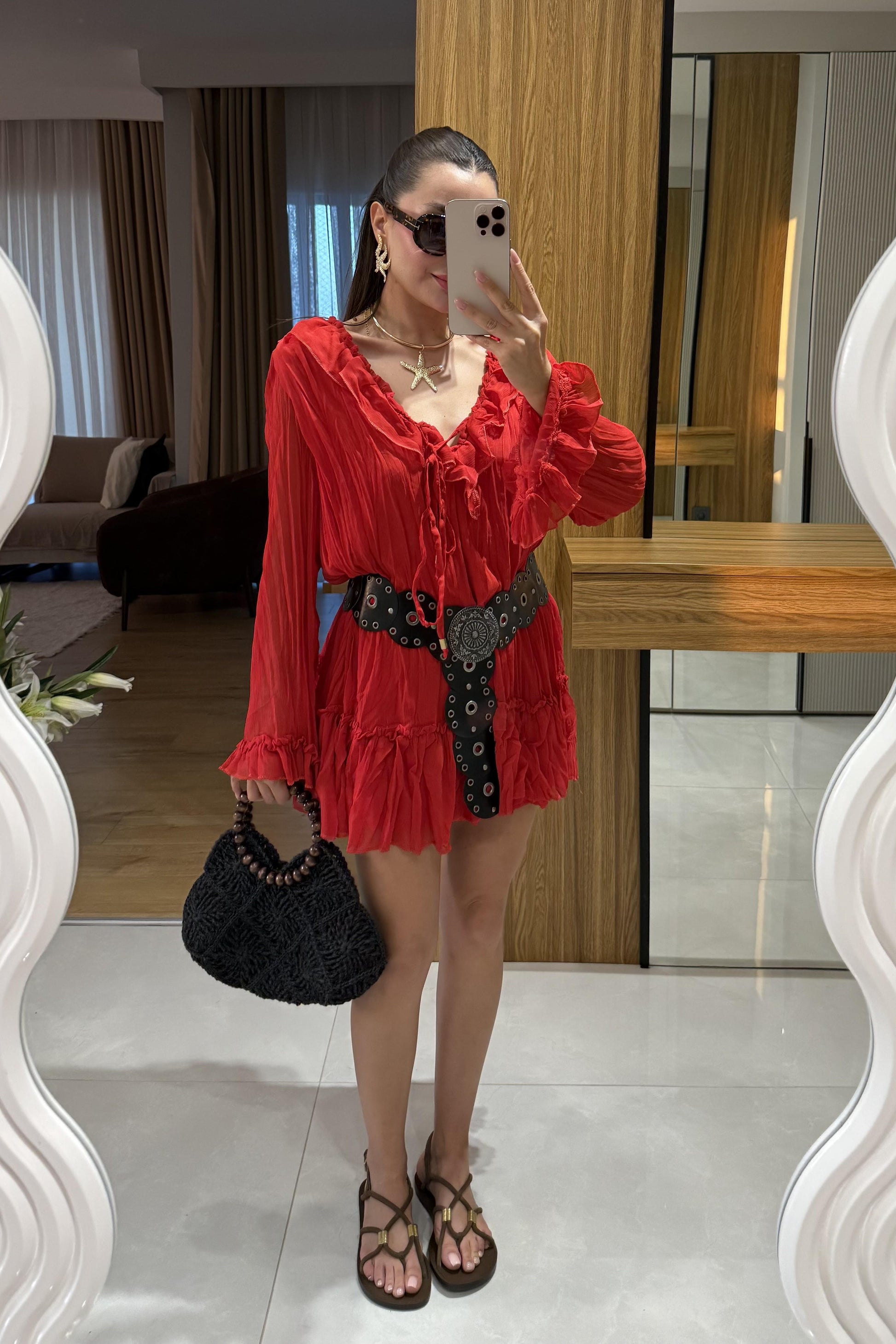 Sovia Kırmızı Şifon Astarlı Elbise