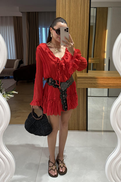 Sovia Kırmızı Şifon Astarlı Elbise