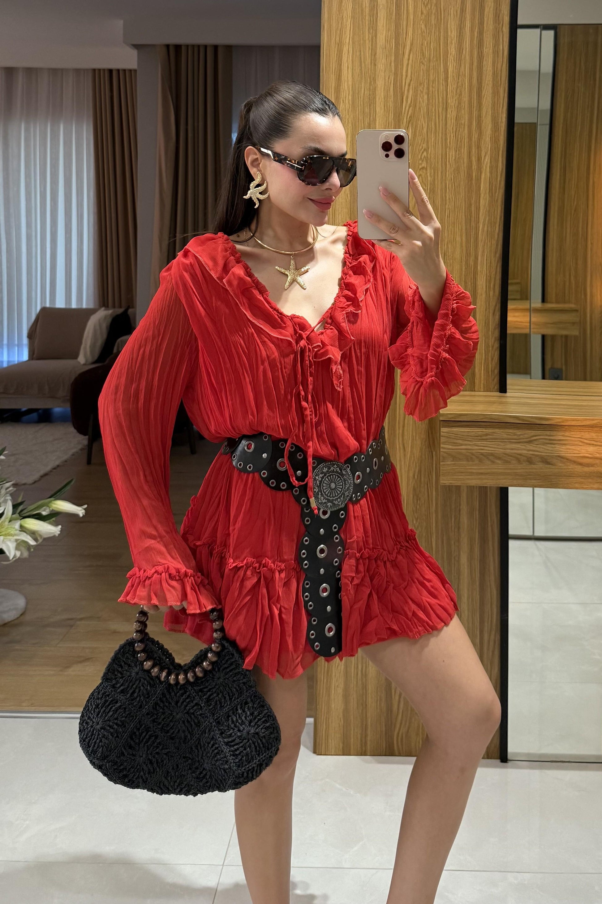 Sovia Kırmızı Şifon Astarlı Elbise