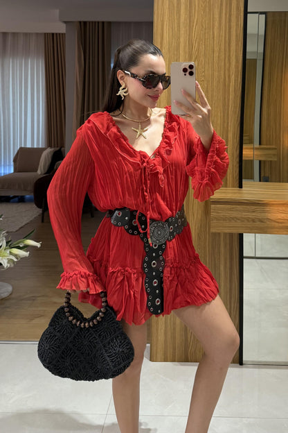 Sovia Kırmızı Şifon Astarlı Elbise