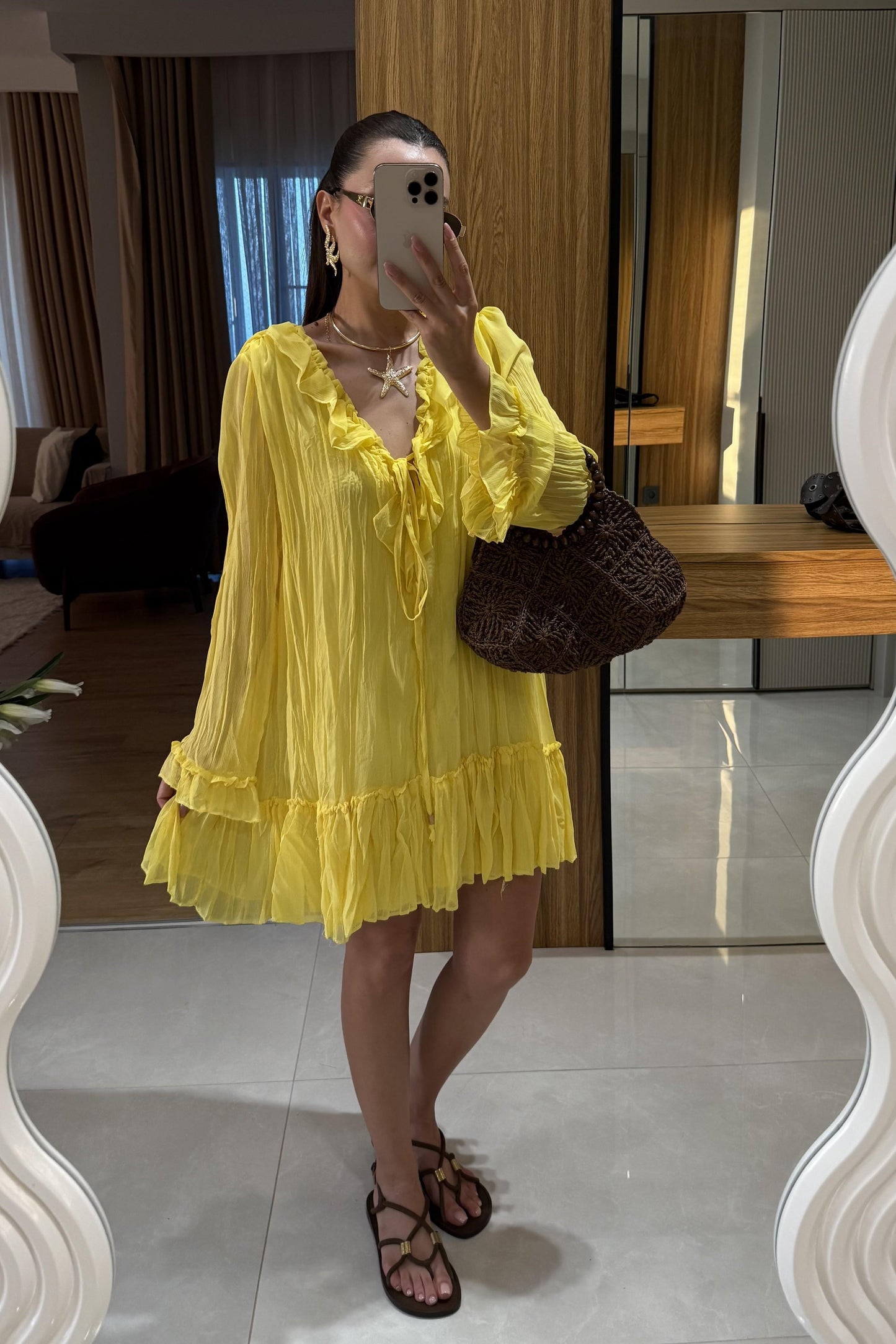 Sovia Sarı Şifon Astarlı Elbise