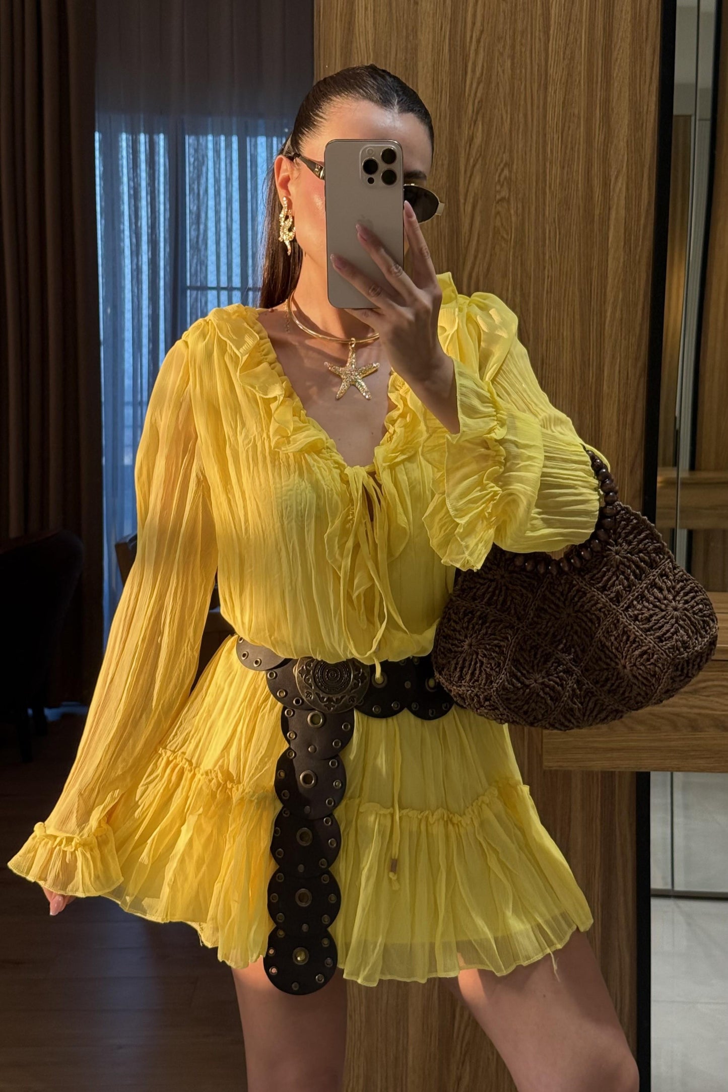 Sovia Sarı Şifon Astarlı Elbise