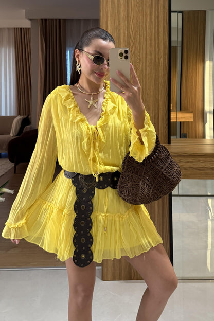 Sovia Sarı Şifon Astarlı Elbise