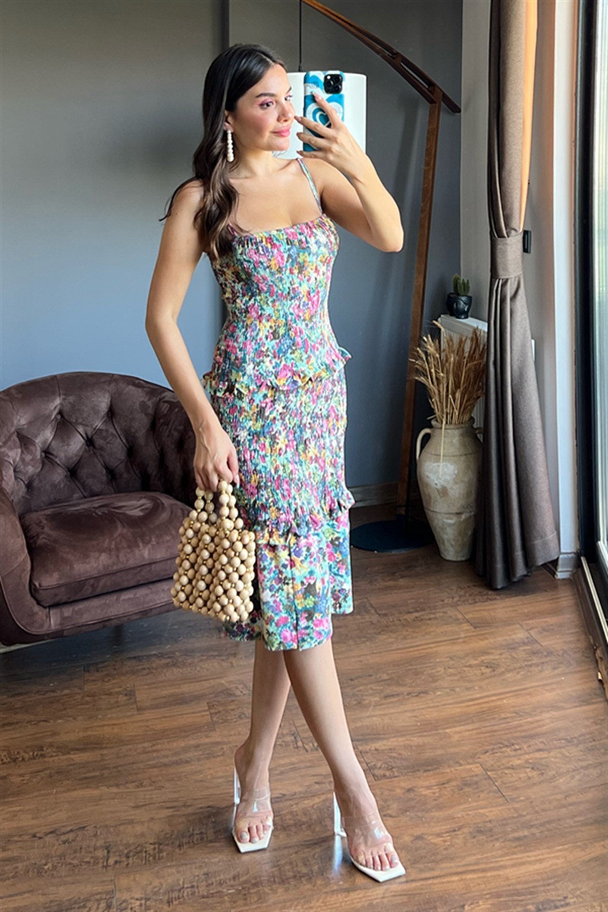 Spagetti askılı gipeli kalem elbise