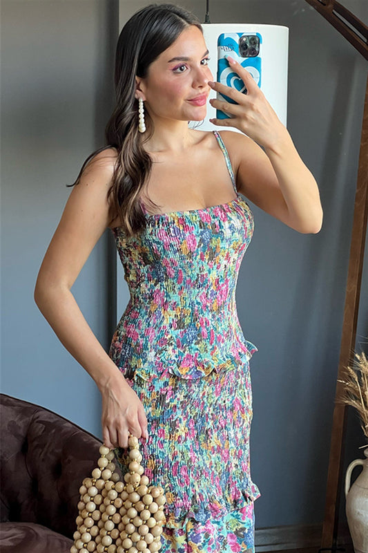 Spagetti askılı gipeli kalem elbise