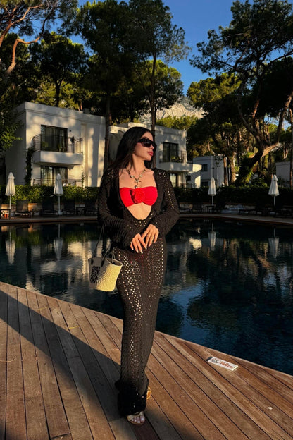 Spencer Siyah Yakası Bağlamalı Ajurlu Plaj Elbisesi