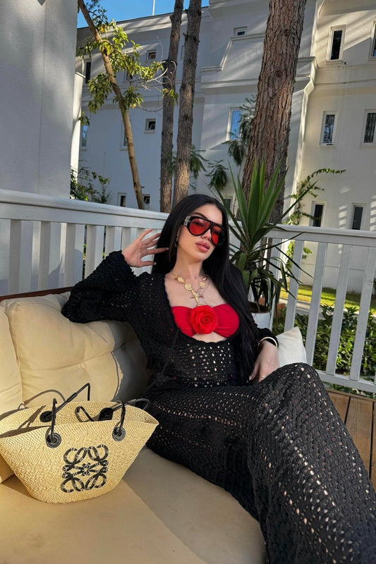 Spencer Siyah Yakası Bağlamalı Ajurlu Plaj Elbisesi