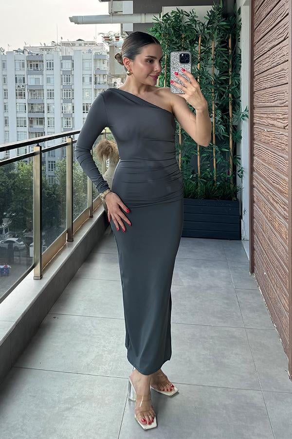 Stanka Tek Omuz Drapeli Elbise - Füme