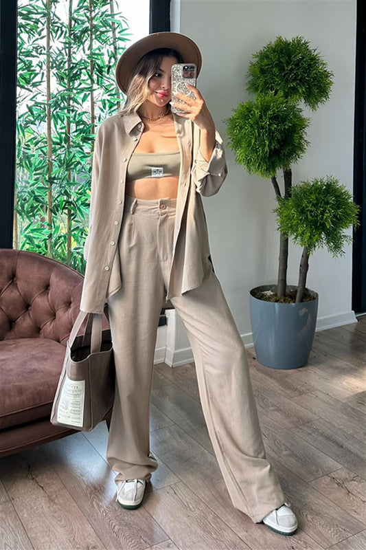 Star gömlek palazzo takım - Vizon