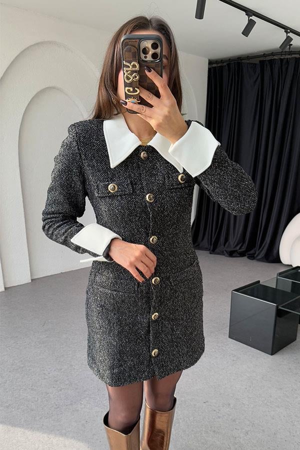 Steva Bebe Yaka Düğmeli Siyah Elbise