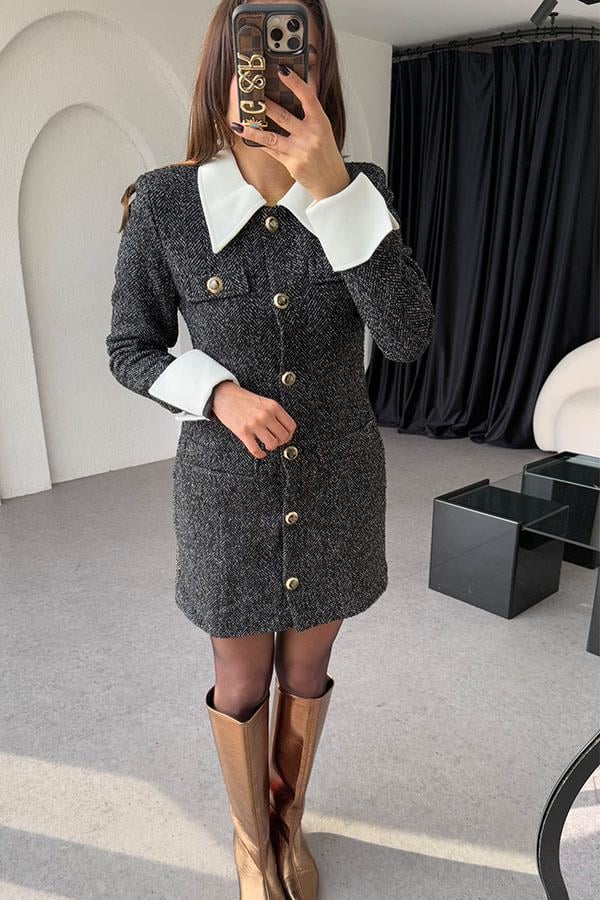 Steva Bebe Yaka Düğmeli Siyah Elbise