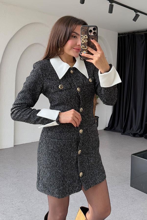 Steva Bebe Yaka Düğmeli Siyah Elbise