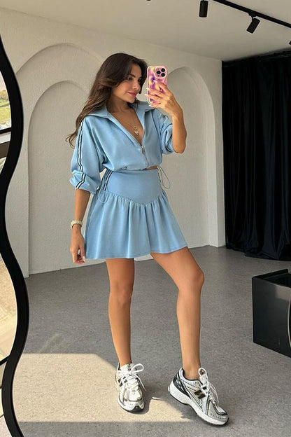 Steyys Kapüşonlu Ceket Etek Takım - Mavi