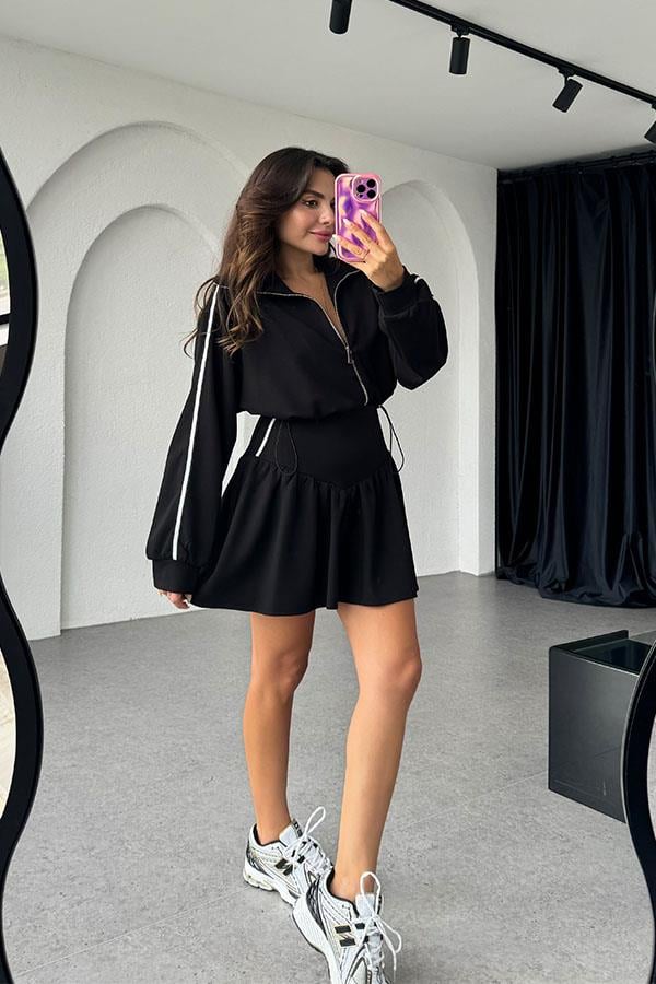 Steyys Kapüşonlu Ceket Etek Takım - Siyah