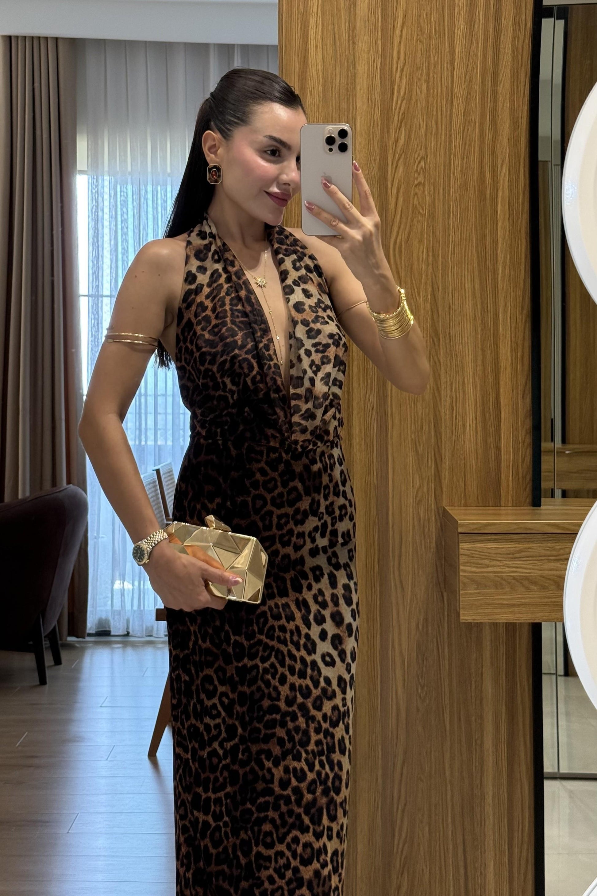 Stormi Degaje Leopar Uzun Elbise