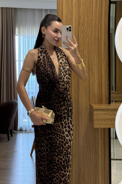 Stormi Degaje Leopar Uzun Elbise