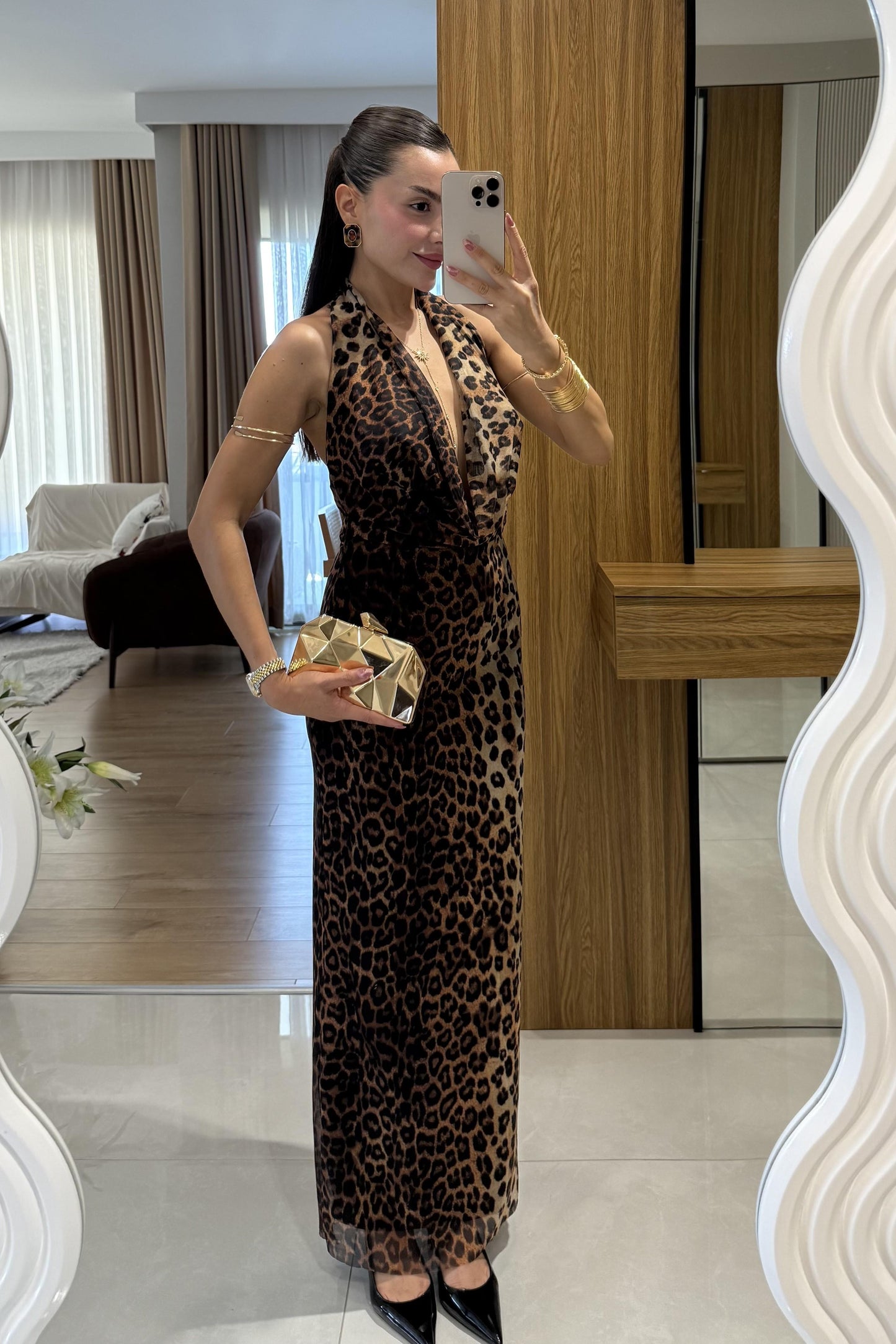 Stormi Degaje Leopar Uzun Elbise