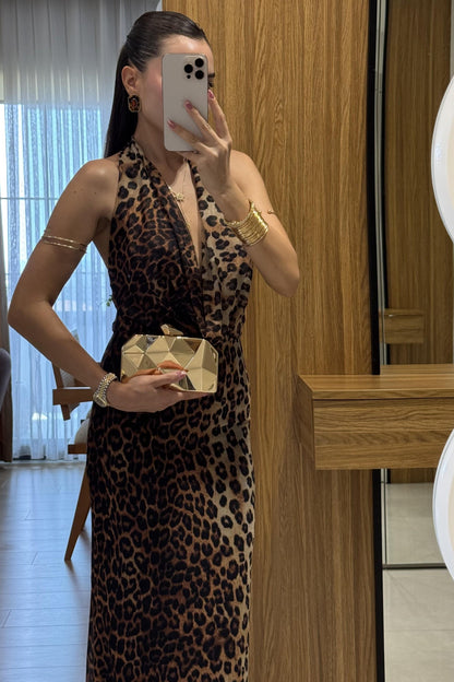 Stormi Degaje Leopar Uzun Elbise