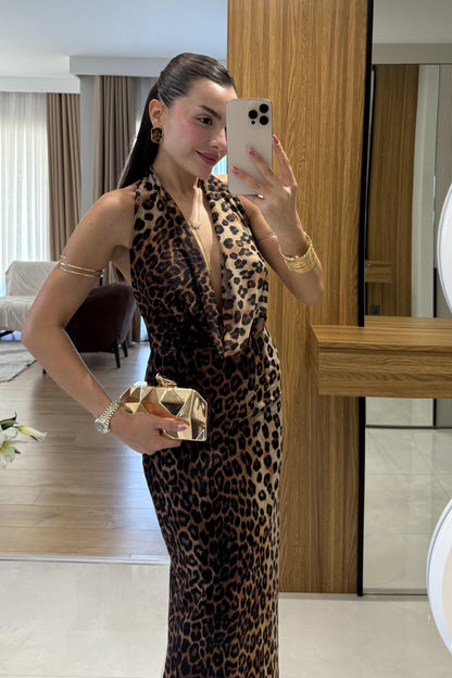 Stormi Degaje Leopar Uzun Elbise