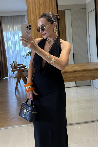 Stormi Degaje Siyah Uzun Elbise