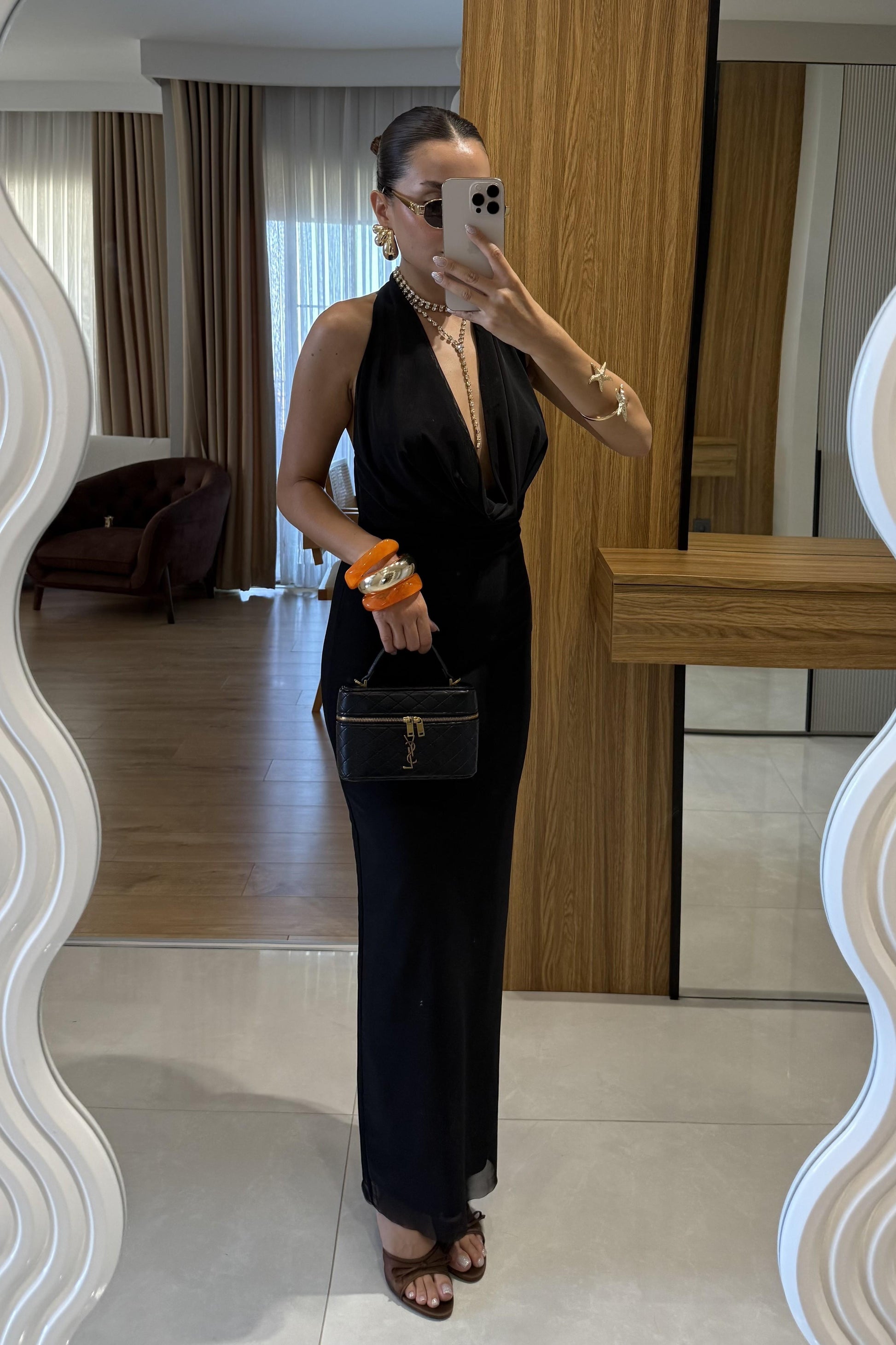 Stormi Degaje Siyah Uzun Elbise