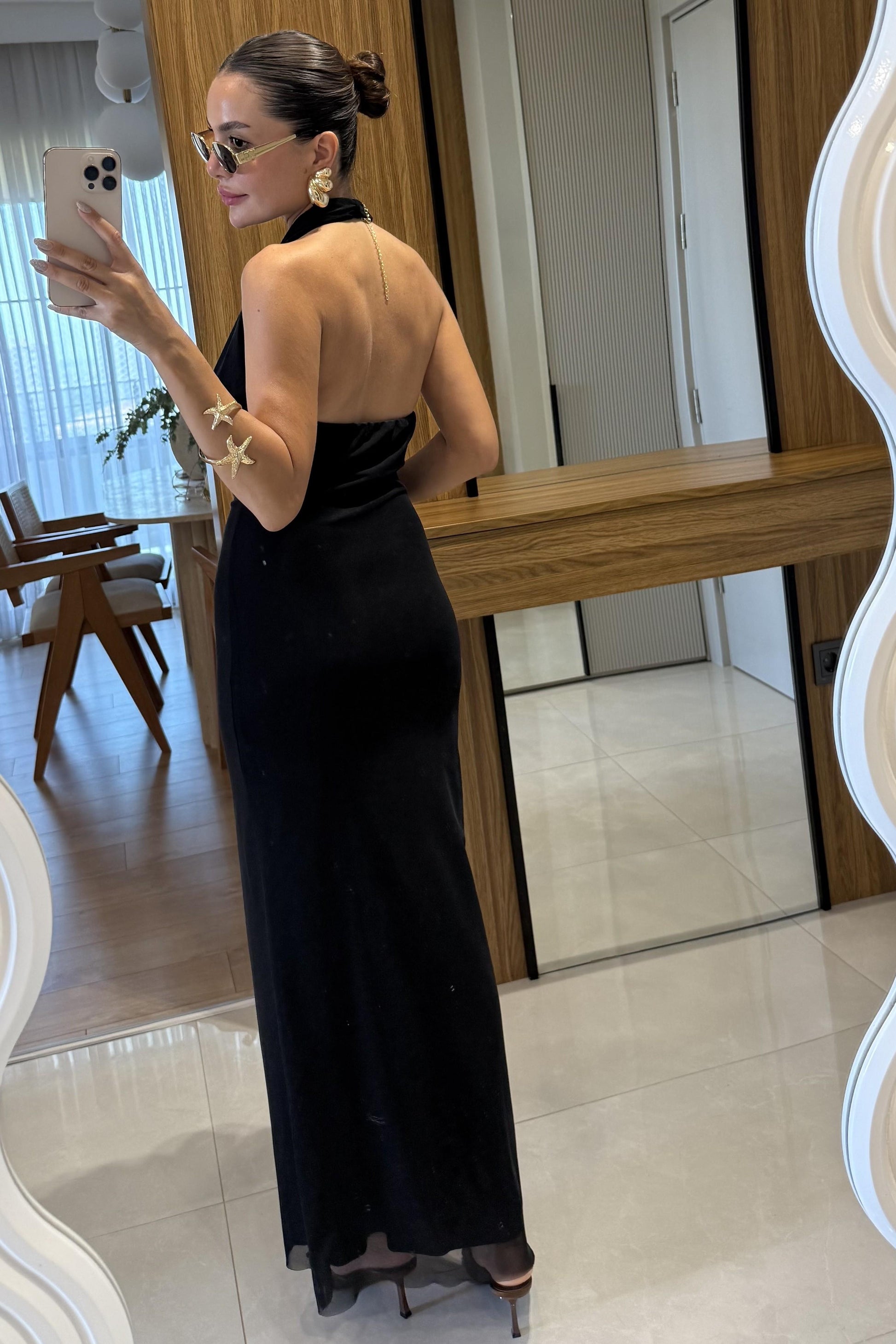 Stormi Degaje Siyah Uzun Elbise