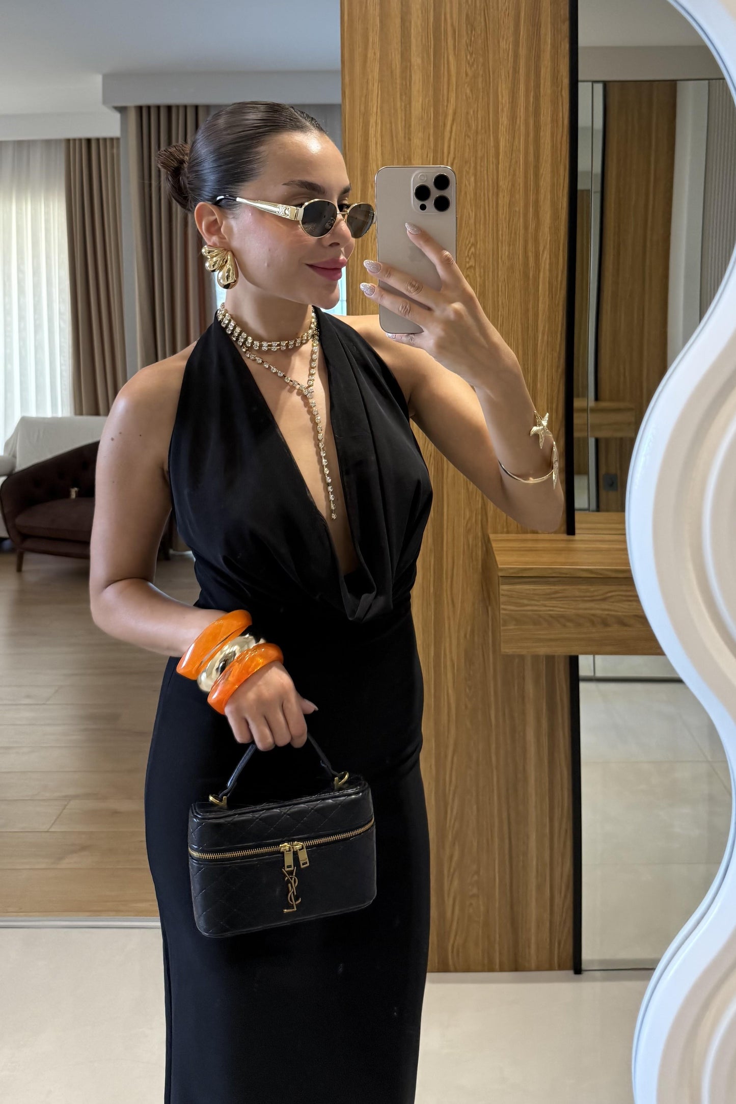 Stormi Degaje Siyah Uzun Elbise