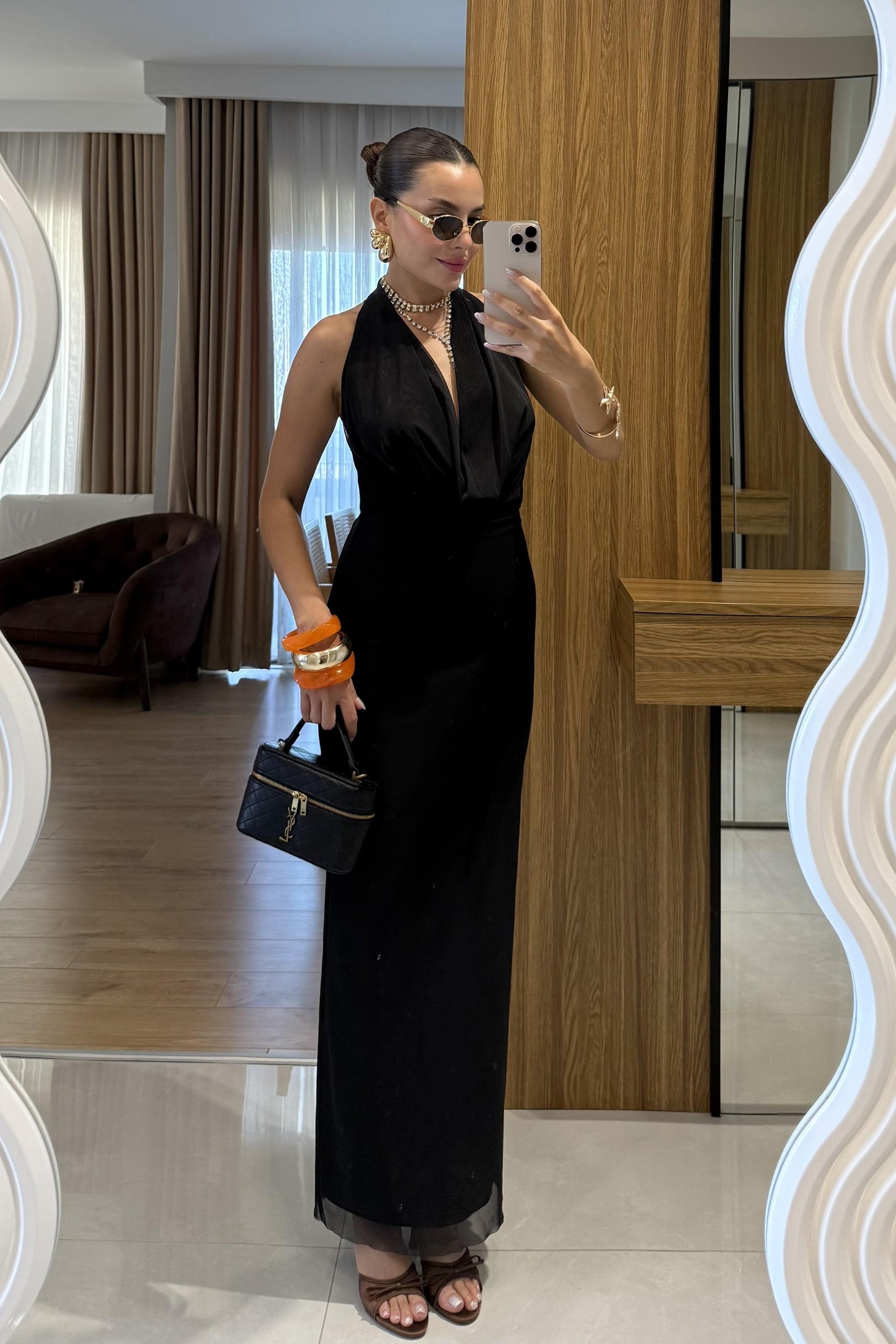 Stormi Degaje Siyah Uzun Elbise