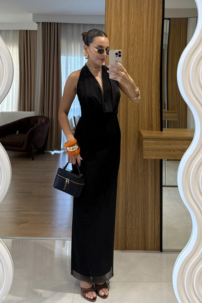 Stormi Degaje Siyah Uzun Elbise