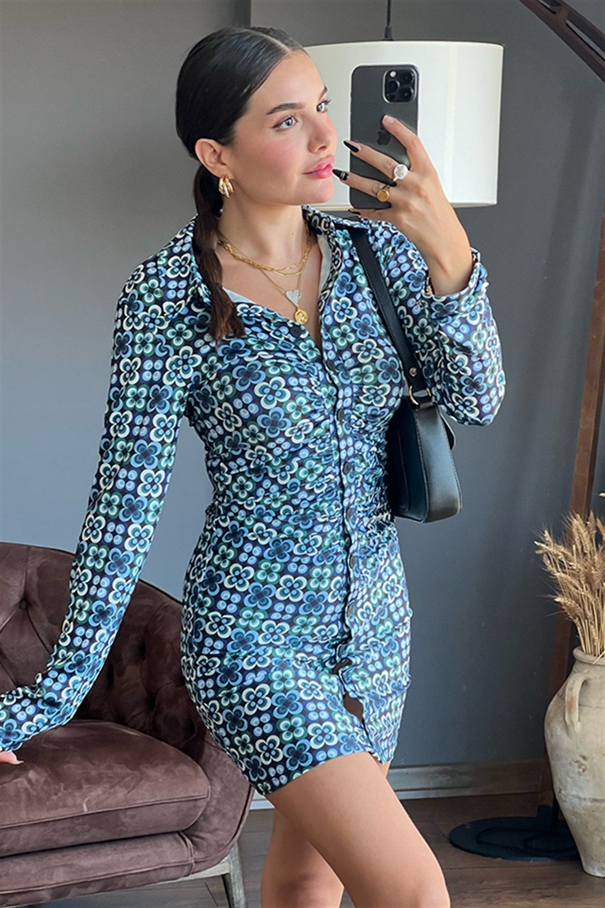 Stradivarius mavi desenli drapeli gömlek elbise