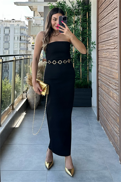 Straplez siyah kalem elbise