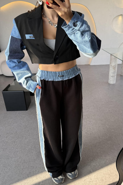 Strong Kolları Denim Patchwork Siyah Ceket