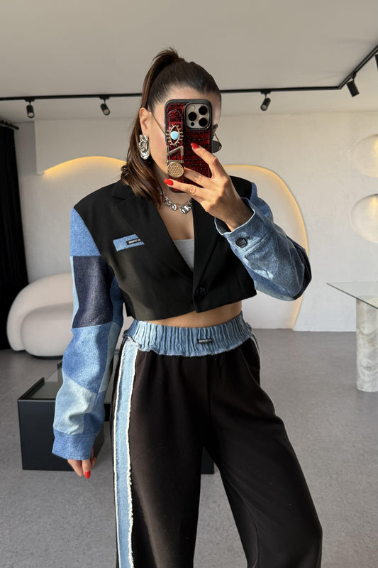 Strong Kolları Denim Patchwork Siyah Ceket