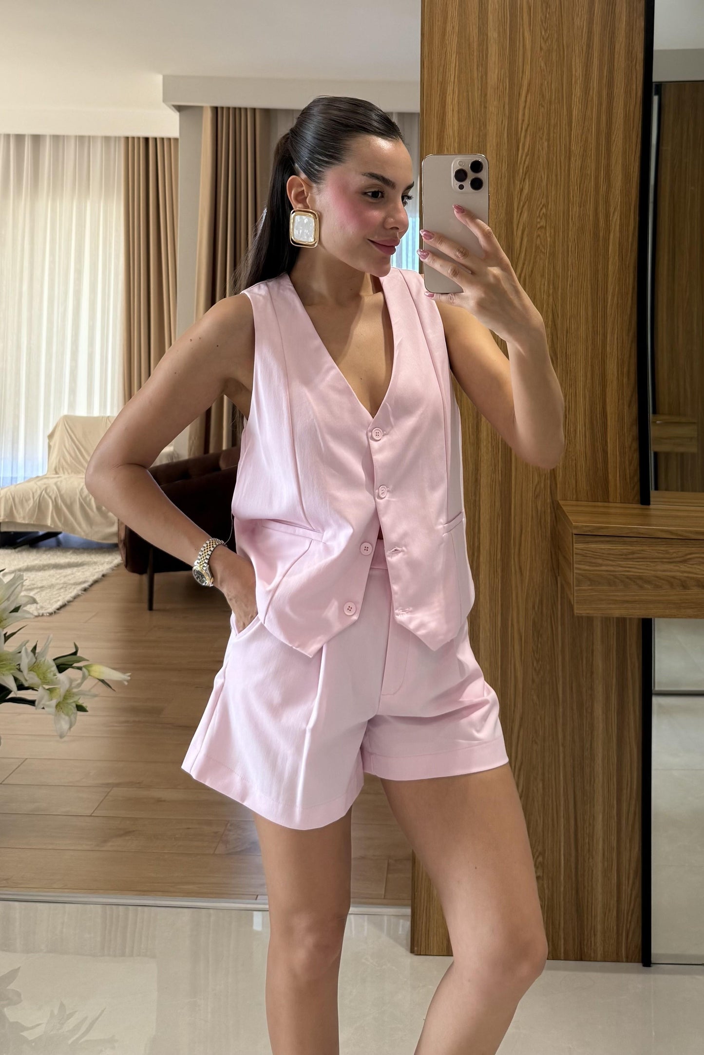 Suero Pembe Yelek Şort Takım