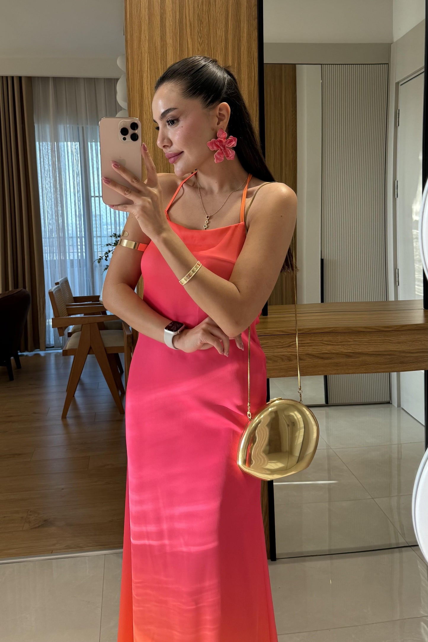 Summer Pembe Sırt Detaylı Saten Elbise