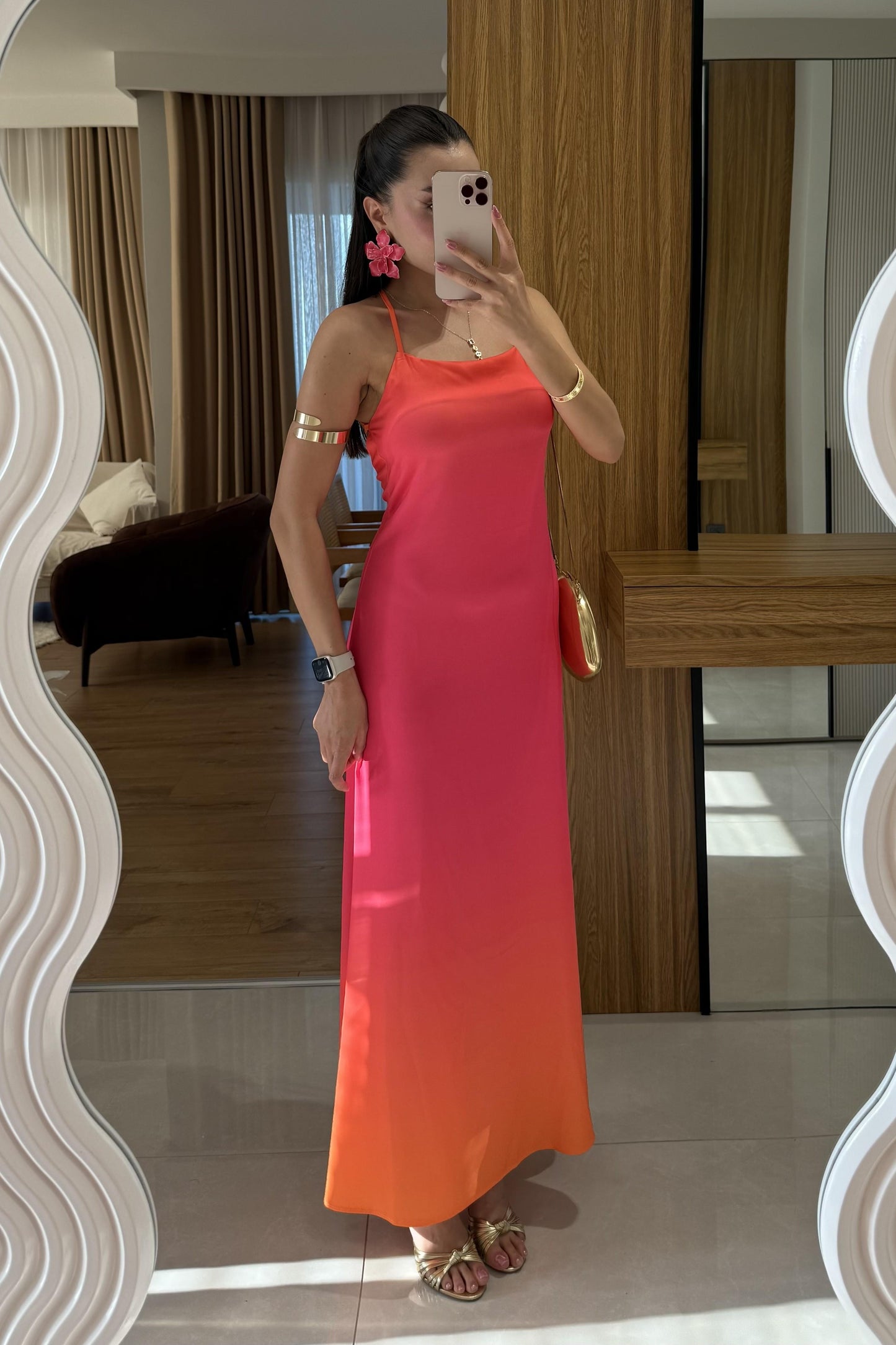 Summer Pembe Sırt Detaylı Saten Elbise