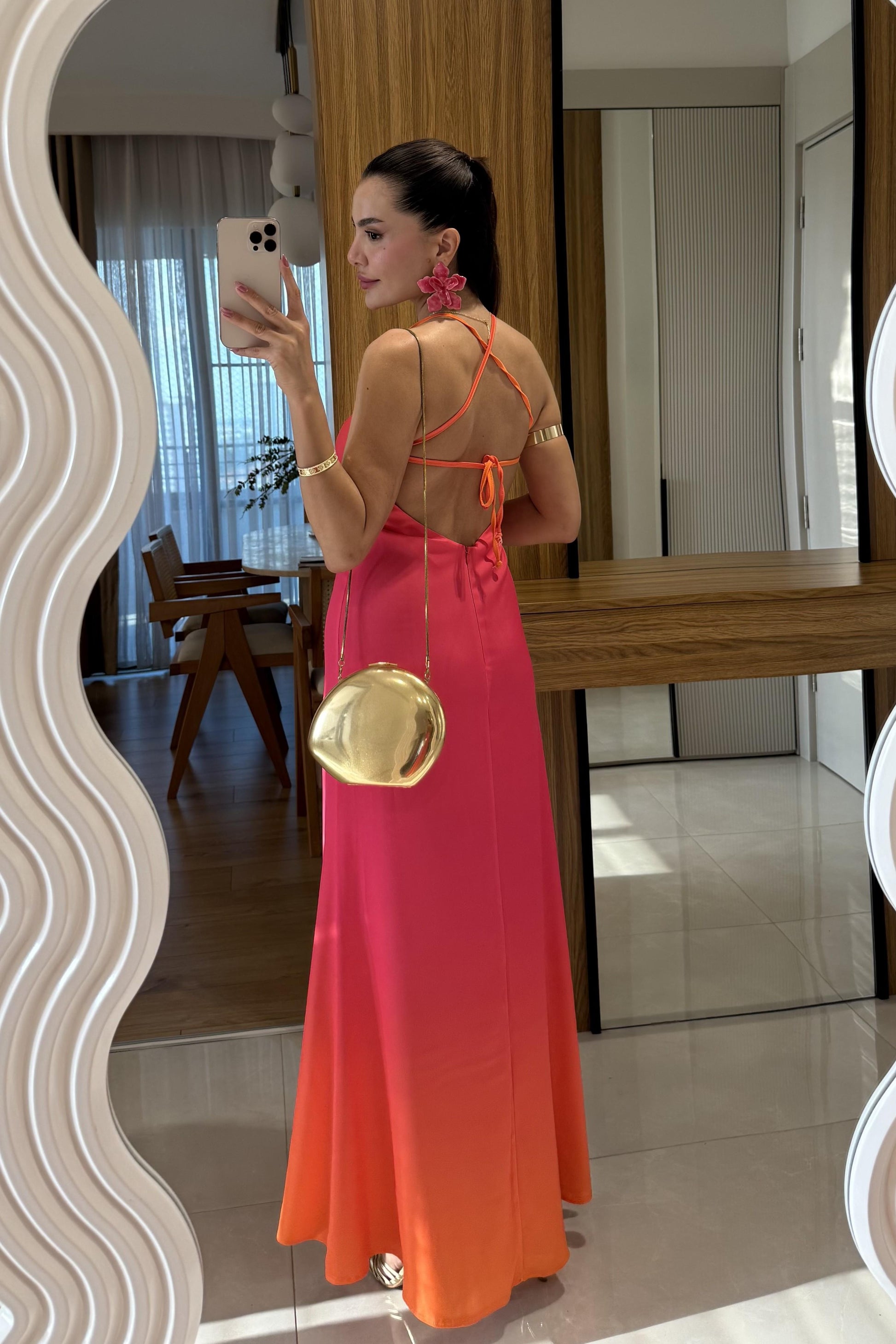 Summer Pembe Sırt Detaylı Saten Elbise