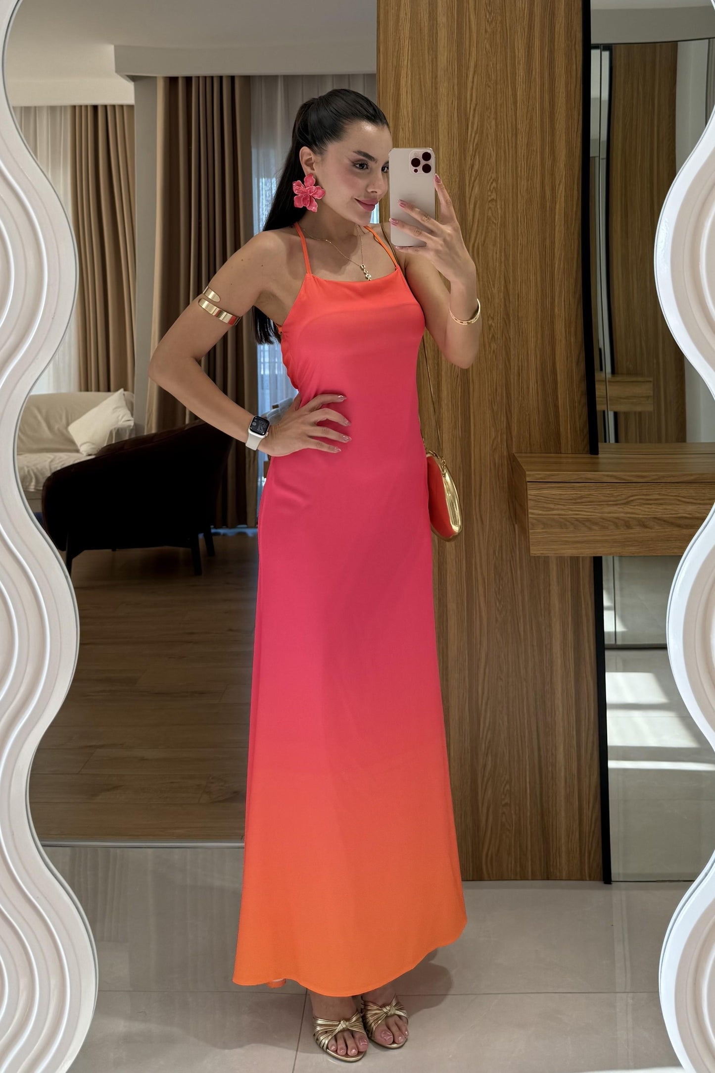 Summer Pembe Sırt Detaylı Saten Elbise