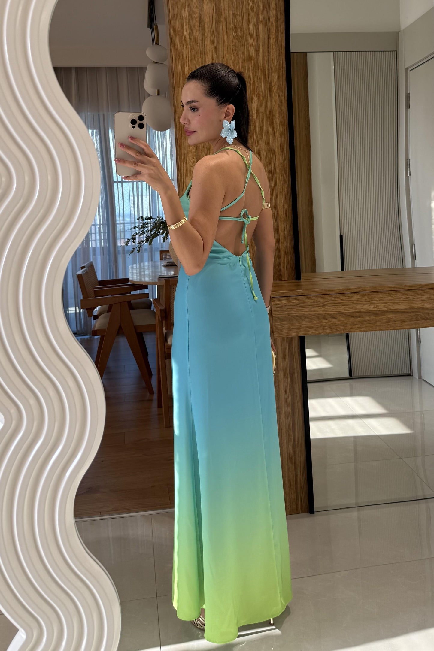 Summer Yeşil Sırt Detaylı Saten Elbise