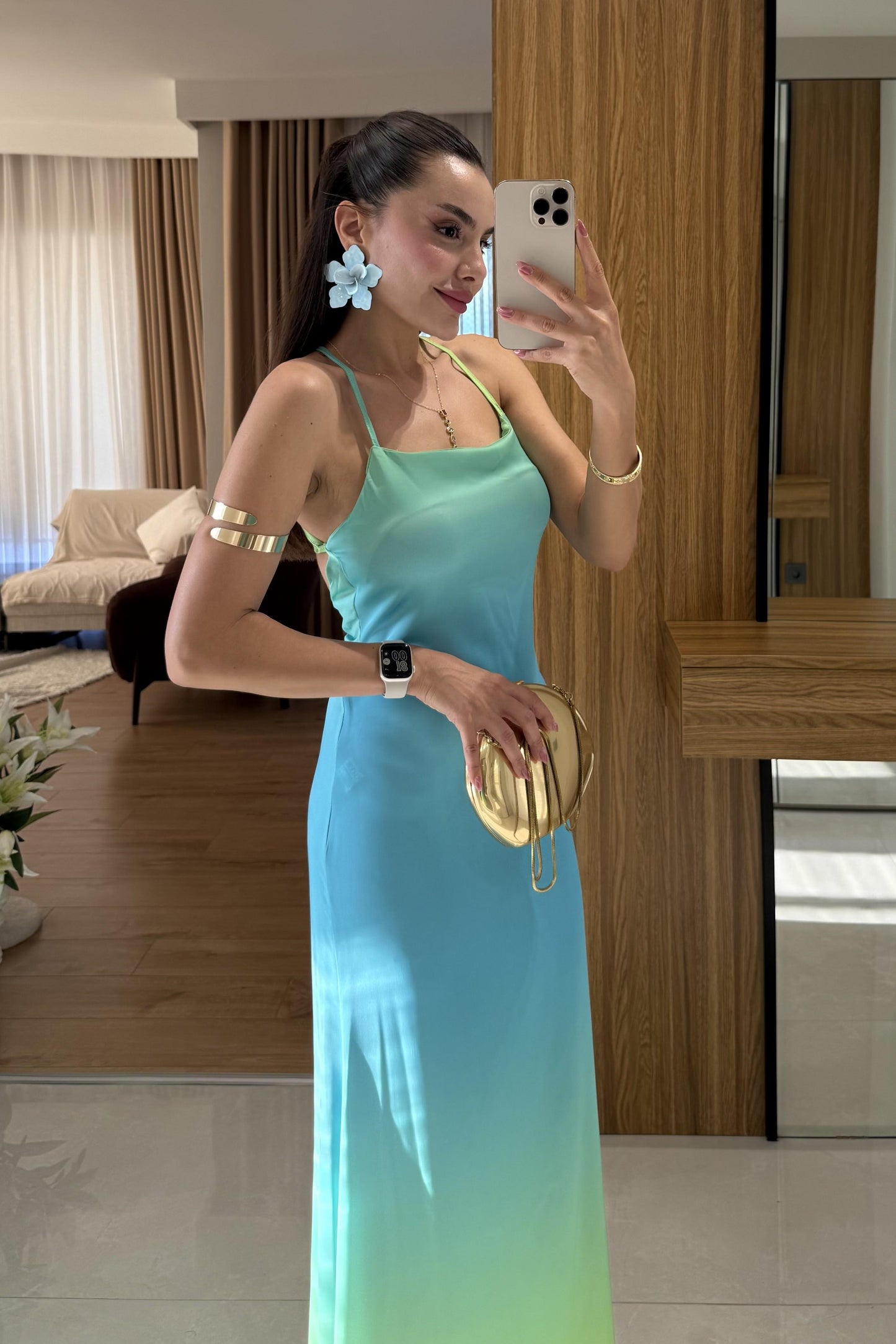 Summer Yeşil Sırt Detaylı Saten Elbise