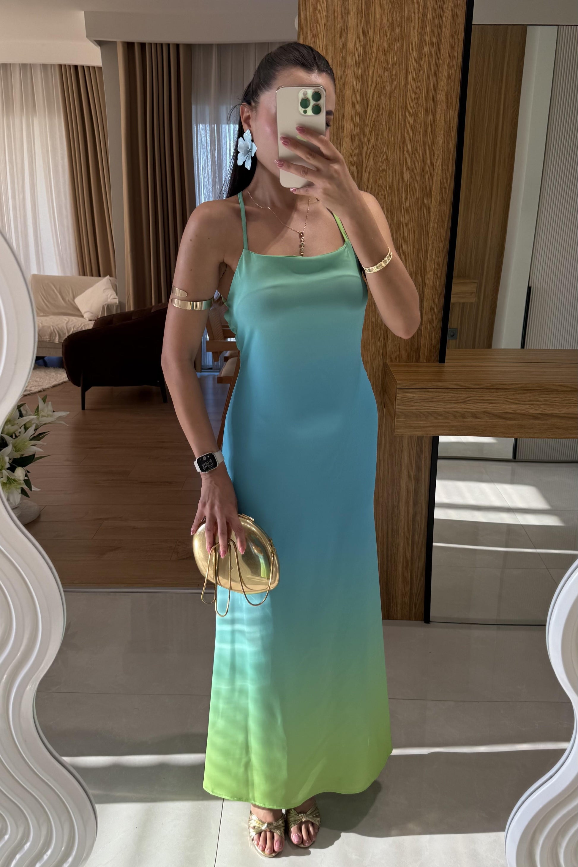 Summer Yeşil Sırt Detaylı Saten Elbise